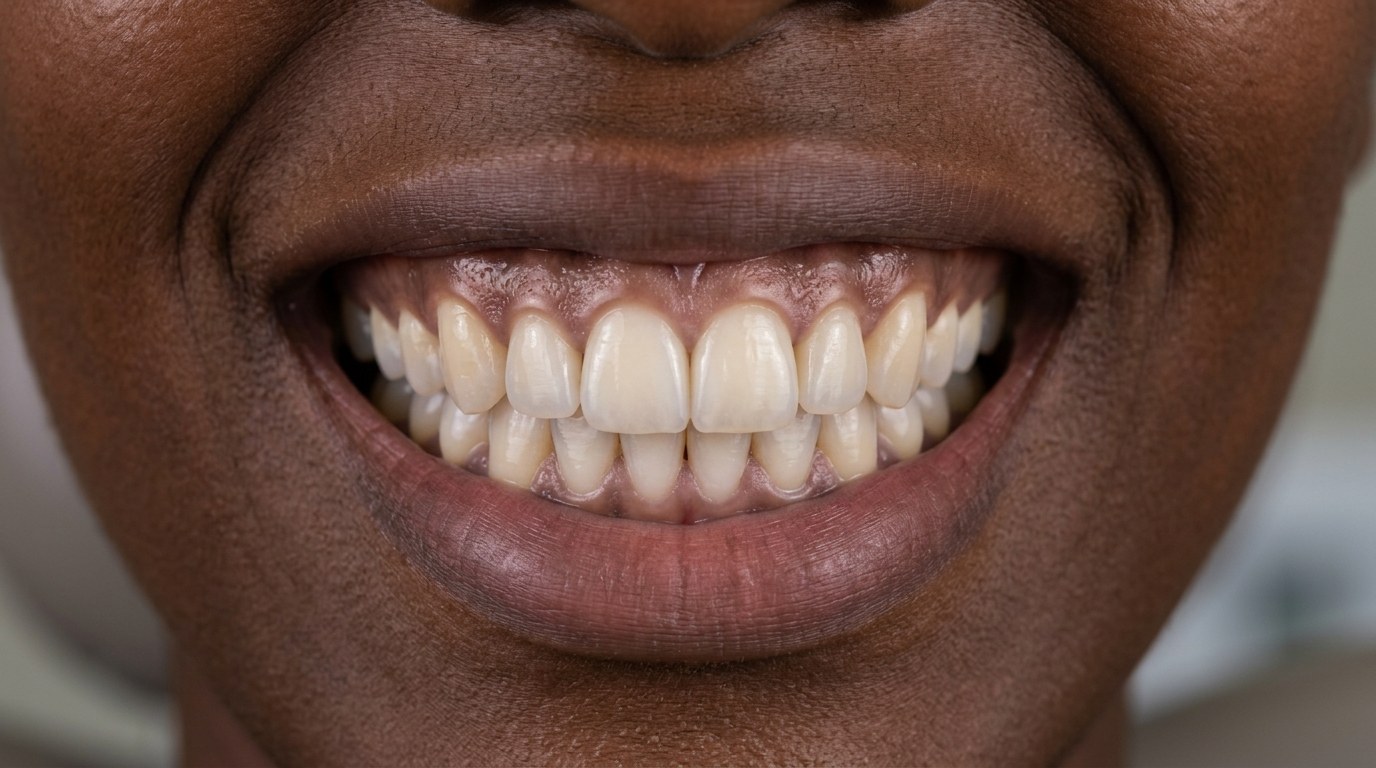 Close-up of a natural-looking restored smile after a fibre-reinforced bridge